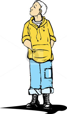 To use this stock image in your creative project, please select the size you need over to the right and click the "Add to Cart" button.
Your downloaded image will come with the Cutcaster watermark removed so don’t worry about the watermark you see on this page. Boy in Hoodie stock vector clipart, Boy in hoodie and combat boots looking up. by Jeffrey Thompson