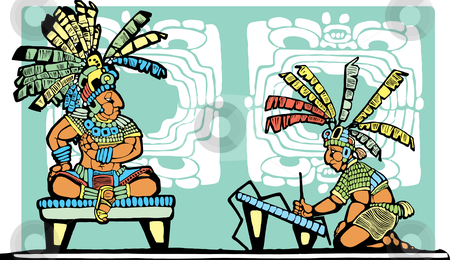 To use this stock image in your creative project, please select the size you need over to the right and click the "Add to Cart" button.
Your downloaded image will come with the Cutcaster watermark removed so don’t worry about the watermark you see on this page. Mayan King and Scribe stock vector clipart, Mayan King on throne being recorded by scribe. by Jeffrey Thompson