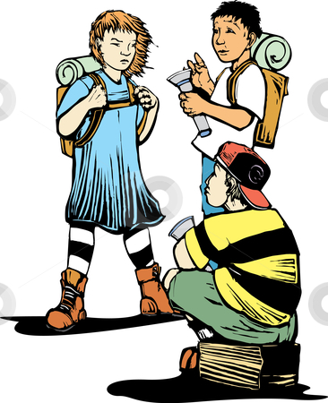 To use this stock image in your creative project, please select the size you need over to the right and click the "Add to Cart" button.
Your downloaded image will come with the Cutcaster watermark removed so don’t worry about the watermark you see on this page. Exploring Friends Isolated stock vector clipart, Girl and two boys getting ready to do some exploring. by Jeffrey Thompson