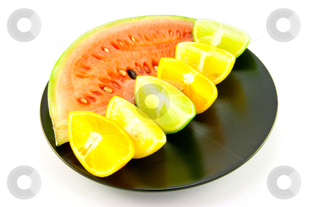 To use this stock image in your creative project, please select the size you need over to the right and click the "Add to Cart" button.
Your downloaded image will come with the Cutcaster watermark removed so don’t worry about the watermark you see on this page. Watermelon with Citrus Wedges stock photo, Slice of juicy red watermelon with lemon, lime and orange wedges on a black plate with a white background by Keith Wilson