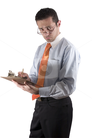 To use this stock image in your creative project, please select the size you need over to the right and click the "Add to Cart" button.
Your downloaded image will come with the Cutcaster watermark removed so don’t worry about the watermark you see on this page. Businessman looking over his glasses with clipboard on hand - fr stock photo, Isolated businessman / quality inspector looking over his glasses - from side by Mehmet Dilsiz