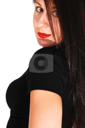 To use this stock image in your creative project, please select the size you need over to the right and click the "Add to Cart" button.
Your downloaded image will come with the Cutcaster watermark removed so don’t worry about the watermark you see on this page. Portrait of young woman. stock photo, Young dark haired woman in an black dress standing in the studio, looking
over her shoulder, for white background, in profile. by Horst Petzold