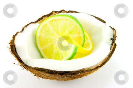 To use this stock image in your creative project, please select the size you need over to the right and click the "Add to Cart" button.
Your downloaded image will come with the Cutcaster watermark removed so don’t worry about the watermark you see on this page. Lemon and Lime Slice in a Coconut stock photo, Slice of lemon and lime in a half coconut on a white background by Keith Wilson