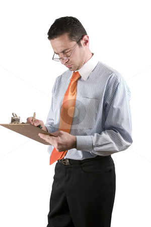 To use this stock image in your creative project, please select the size you need over to the right and click the "Add to Cart" button.
Your downloaded image will come with the Cutcaster watermark removed so don’t worry about the watermark you see on this page. Businessman with clipboard on hand stock photo, Isolated businessman / quality inspector looking over his glasses by Mehmet Dilsiz
