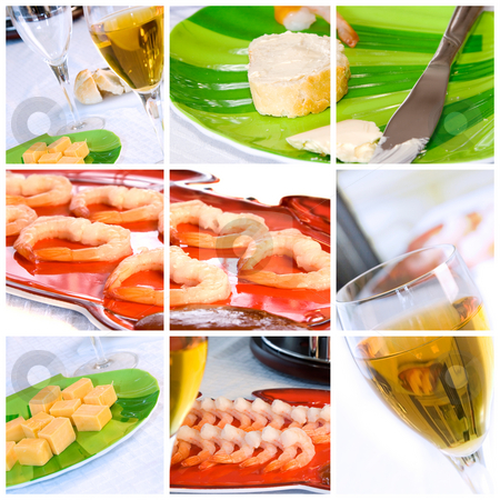 To use this stock image in your creative project, please select the size you need over to the right and click the "Add to Cart" button.
Your downloaded image will come with the Cutcaster watermark removed so don’t worry about the watermark you see on this page. Wine, Shrimp, Bread and Butter Collage stock photo, Food Collage with shrimp, wine, bread and butter by Mehmet Dilsiz