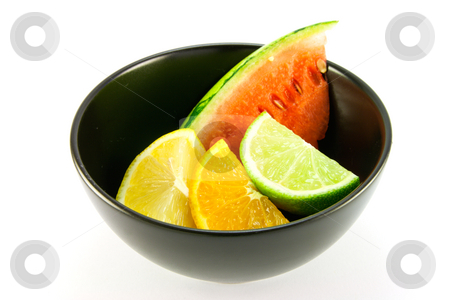 To use this stock image in your creative project, please select the size you need over to the right and click the "Add to Cart" button.
Your downloaded image will come with the Cutcaster watermark removed so don’t worry about the watermark you see on this page. Citrus Fruit and Watermelon stock photo, Wedges of lemon, lime and orange in a small black dish with a slice of juicy watermelon on a white background by Keith Wilson