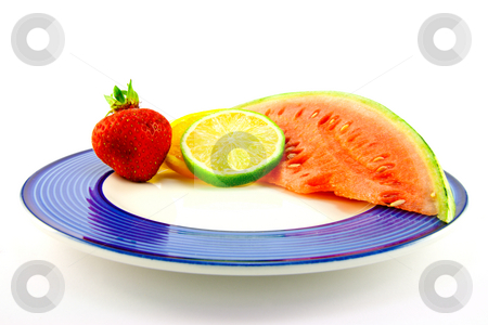 To use this stock image in your creative project, please select the size you need over to the right and click the "Add to Cart" button.
Your downloaded image will come with the Cutcaster watermark removed so don’t worry about the watermark you see on this page. Watermelon with Citrus Slices and Strawberry stock photo, Slice of red juicy watermelon with lemon, lime and orange slices and single strawberry on a blue plate with a white background by Keith Wilson