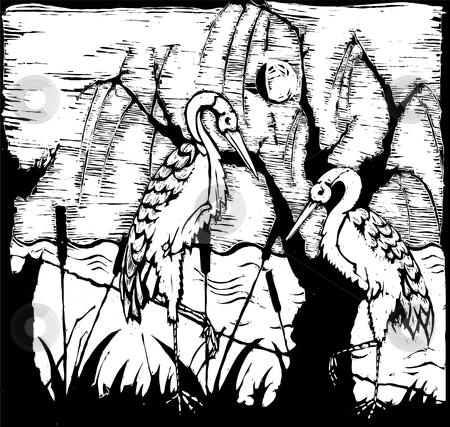 To use this stock image in your creative project, please select the size you need over to the right and click the "Add to Cart" button.
Your downloaded image will come with the Cutcaster watermark removed so don’t worry about the watermark you see on this page. Storks stock vector clipart, Storks in woodcut style in in fashion like a Japanese screen by Jeffrey Thompson