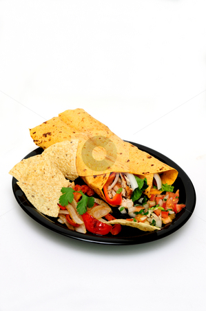 To use this stock image in your creative project, please select the size you need over to the right and click the "Add to Cart" button.
Your downloaded image will come with the Cutcaster watermark removed so don’t worry about the watermark you see on this page. Chicken Wrap With Salsa And Chips stock photo, Grilled teriyaki chicken, red bell pepper, white onion, cilantro and romain lettuce are used to fill the tomato and basil wraps with grilled veggies and fresh tomato salsa and chips on the plate by Lynn Bendickson