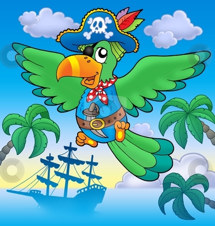 To use this stock image in your creative project, please select the size you need over to the right and click the "Add to Cart" button.
Your downloaded image will come with the Cutcaster watermark removed so don’t worry about the watermark you see on this page. Flying pirate parrot with boat stock photo, Flying pirate parrot with boat - color illustration. by Klara Viskova