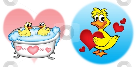 To use this stock image in your creative project, please select the size you need over to the right and click the "Add to Cart" button.
Your downloaded image will come with the Cutcaster watermark removed so don’t worry about the watermark you see on this page. Ducks with hearts stock photo, Ducks with hearts - color illustration. by Klara Viskova