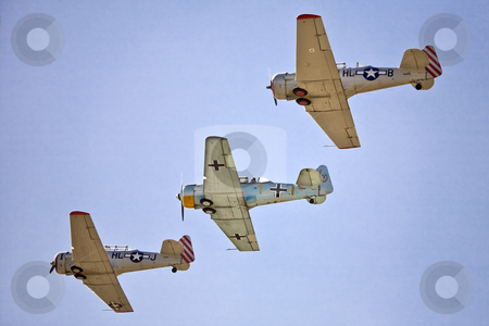 To use this stock image in your creative project, please select the size you need over to the right and click the "Add to Cart" button.
Your downloaded image will come with the Cutcaster watermark removed so don’t worry about the watermark you see on this page. Vintage Aircraft in Formation stock photo, Three World War II training airplanes, with American and German insignia, fly in formation by Bart Everett