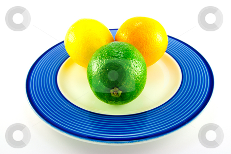 To use this stock image in your creative project, please select the size you need over to the right and click the "Add to Cart" button.
Your downloaded image will come with the Cutcaster watermark removed so don’t worry about the watermark you see on this page. Lemon, Lime and Orange on a Plate stock photo, Single whole lemon, lime and orange on a blue plate with a white background by Keith Wilson