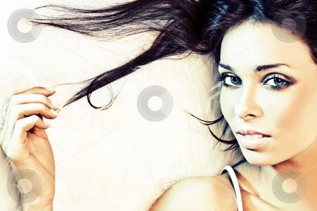 To use this stock image in your creative project, please select the size you need over to the right and click the "Add to Cart" button.
Your downloaded image will come with the Cutcaster watermark removed so don’t worry about the watermark you see on this page. Beauty girl stock photo, Beauty brunette woman on the floor , blue eyes by Piotr Stryjewski