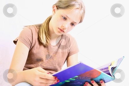 To use this stock image in your creative project, please select the size you need over to the right and click the "Add to Cart" button.
Your downloaded image will come with the Cutcaster watermark removed so don’t worry about the watermark you see on this page. Young cute girl with blond hair reading book. stock photo, Young reading book by Gregory Dean