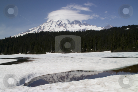 To use this stock image in your creative project, please select the size you need over to the right and click the "Add to Cart" button.
Your downloaded image will come with the Cutcaster watermark removed so don’t worry about the watermark you see on this page. Icy Reflection Lake, Mount Rainier National Park in June stock photo, Reflection Lake Iced Over and Thawing, June, Mount Rainier National Park by William Perry