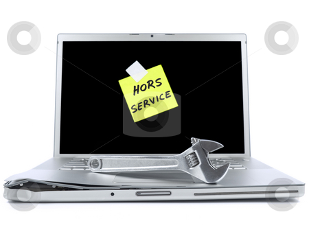 To use this stock image in your creative project, please select the size you need over to the right and click the "Add to Cart" button.
Your downloaded image will come with the Cutcaster watermark removed so don’t worry about the watermark you see on this page. Laptop with sticky note and tool stock photo, Damaged laptop with a post-it in french meaning Out of Service and a spanner over it. Isolated on white. by Ignacio Gonzalez Prado