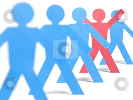 To use this stock image in your creative project, please select the size you need over to the right and click the "Add to Cart" button.
Your downloaded image will come with the Cutcaster watermark removed so don’t worry about the watermark you see on this page. The chosen one stock photo, A red paper figure is raising his arms in the blue paper figures line. by Ignacio Gonzalez Prado