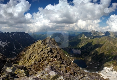 To use this stock image in your creative project, please select the size you need over to the right and click the "Add to Cart" button.
Your downloaded image will come with the Cutcaster watermark removed so don’t worry about the watermark you see on this page. Mountain peak and two lakes stock photo, Mountain peak and two lakes in valley in summer day with clouds on the sky by Juraj Kovacik