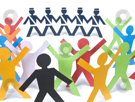 To use this stock image in your creative project, please select the size you need over to the right and click the "Add to Cart" button.
Your downloaded image will come with the Cutcaster watermark removed so don’t worry about the watermark you see on this page. Paper riot stock photo, Several color paper figures manifesting before the paper police over a white background. by Ignacio Gonzalez Prado