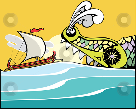 To use this stock image in your creative project, please select the size you need over to the right and click the "Add to Cart" button.
Your downloaded image will come with the Cutcaster watermark removed so don’t worry about the watermark you see on this page. Greek Ship and Sea Monster. stock vector clipart, Greek ship being eaten by a sea monster. by Jeffrey Thompson
