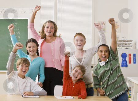 To use this stock image in your creative project, please select the size you need over to the right and click the "Add to Cart" button.
Your downloaded image will come with the Cutcaster watermark removed so don’t worry about the watermark you see on this page. Teacher and students cheering stock photo, Teacher and students cheering by Jonathan Ross