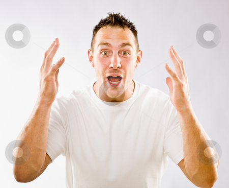 To use this stock image in your creative project, please select the size you need over to the right and click the "Add to Cart" button.
Your downloaded image will come with the Cutcaster watermark removed so don’t worry about the watermark you see on this page. Man gesturing in surprise stock photo, Man gesturing in surprise by Jonathan Ross