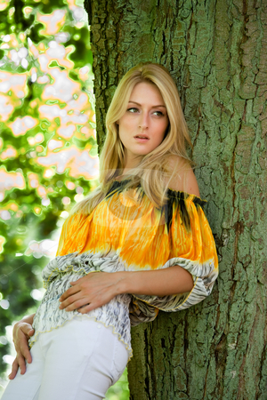 To use this stock image in your creative project, please select the size you need over to the right and click the "Add to Cart" button.
Your downloaded image will come with the Cutcaster watermark removed so don’t worry about the watermark you see on this page. Blond beauty in yellow blouse leaning against a tree stock photo, Beautifull blond posing against a tree by Frenk and Danielle Kaufmann