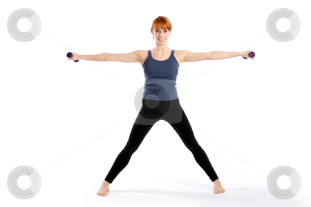 To use this stock image in your creative project, please select the size you need over to the right and click the "Add to Cart" button.
Your downloaded image will come with the Cutcaster watermark removed so don’t worry about the watermark you see on this page. Fitness Woman doing Aerobic Exercise stock photo, Smiling fitness woman doing aerobic exercise with dumbbells, isolated on white background. by Rognar