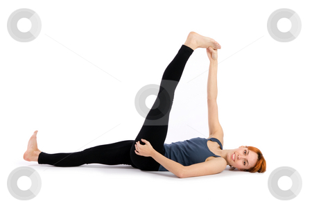 To use this stock image in your creative project, please select the size you need over to the right and click the "Add to Cart" button.
Your downloaded image will come with the Cutcaster watermark removed so don’t worry about the watermark you see on this page. Woman Practising Yoga Exercise stock photo, Smiling relaxed woman doing yoga exercise called Supta Padangusthasana , isolated on white background. by Rognar
