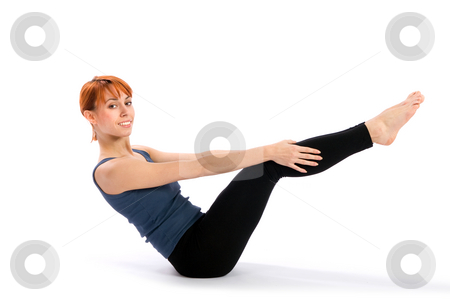 To use this stock image in your creative project, please select the size you need over to the right and click the "Add to Cart" button.
Your downloaded image will come with the Cutcaster watermark removed so don’t worry about the watermark you see on this page. Cheerful Smiling Woman doing Yoga Exercise stock photo, Relaxed smiling fit woman doing yoga exercise called Navasana, isolated on white background. by Rognar