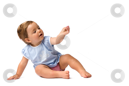 To use this stock image in your creative project, please select the size you need over to the right and click the "Add to Cart" button.
Your downloaded image will come with the Cutcaster watermark removed so don’t worry about the watermark you see on this page. Baby Girl in Hold Something Pose stock photo, Pretty baby girl sitting on the ground in hold something pose, isolated on white background. by Rognar
