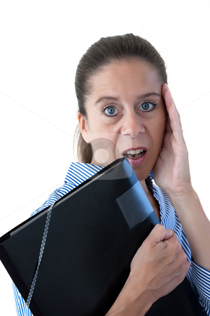 To use this stock image in your creative project, please select the size you need over to the right and click the "Add to Cart" button.
Your downloaded image will come with the Cutcaster watermark removed so don’t worry about the watermark you see on this page. Middle Aged Business Woman Looking Shocked with File stock photo, Middle aged business woman looking shocked holding a black file on a white background by Keith Wilson