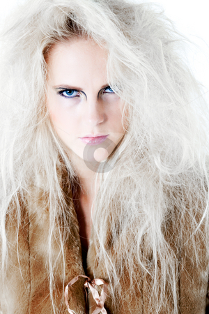 To use this stock image in your creative project, please select the size you need over to the right and click the "Add to Cart" button.
Your downloaded image will come with the Cutcaster watermark removed so don’t worry about the watermark you see on this page. Wild angry fierce look in fur at you stock photo, Model with wild white hair giving the viewer a fierce and agry look.
Usable for health and beauty, cosmetics, love, hate and emotional issues. by Frenk and Danielle Kaufmann