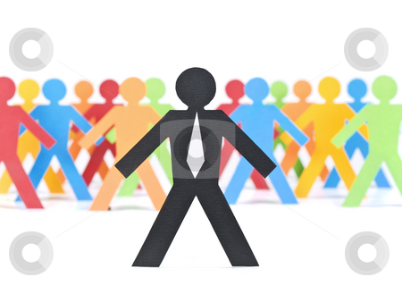 To use this stock image in your creative project, please select the size you need over to the right and click the "Add to Cart" button.
Your downloaded image will come with the Cutcaster watermark removed so don’t worry about the watermark you see on this page. Paper businessman stock photo, A paper businessman stands in front of a multicolored crew. by Ignacio Gonzalez Prado
