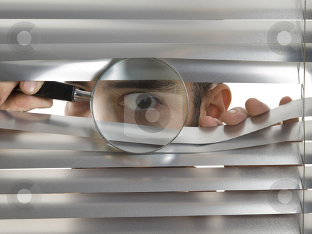 To use this stock image in your creative project, please select the size you need over to the right and click the "Add to Cart" button.
Your downloaded image will come with the Cutcaster watermark removed so don’t worry about the watermark you see on this page. Extreme peeping Tom stock photo, A man is peeping through the blinds with a magnifying glass. by Ignacio Gonzalez Prado