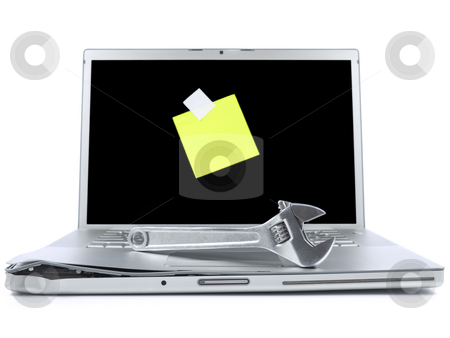 To use this stock image in your creative project, please select the size you need over to the right and click the "Add to Cart" button.
Your downloaded image will come with the Cutcaster watermark removed so don’t worry about the watermark you see on this page. Laptop with sticky note and tool stock photo, Damaged laptop with a spanner over it and a blank post-it on the screen. Isolated on white. by Ignacio Gonzalez Prado