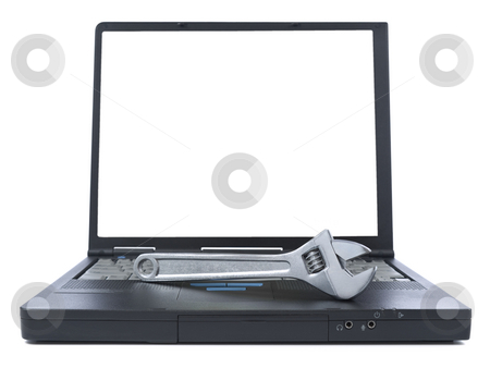To use this stock image in your creative project, please select the size you need over to the right and click the "Add to Cart" button.
Your downloaded image will come with the Cutcaster watermark removed so don’t worry about the watermark you see on this page. Technical support stock photo, A spanner over a black laptop isolated over white background. White copy space on screen. by Ignacio Gonzalez Prado