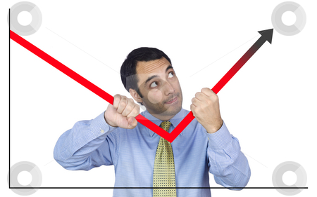 To use this stock image in your creative project, please select the size you need over to the right and click the "Add to Cart" button.
Your downloaded image will come with the Cutcaster watermark removed so don’t worry about the watermark you see on this page. Good projections stock photo, A young business man bending the chart with his own hands. Isolated on white. by Ignacio Gonzalez Prado