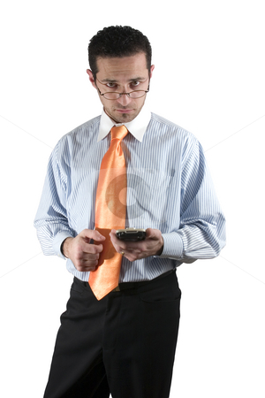 To use this stock image in your creative project, please select the size you need over to the right and click the "Add to Cart" button.
Your downloaded image will come with the Cutcaster watermark removed so don’t worry about the watermark you see on this page. Businessman looking over his glasses with PDA on hand stock photo, Isolated businessman looking over his glasses with a PDA on hand by Mehmet Dilsiz