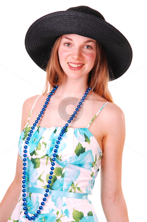 To use this stock image in your creative project, please select the size you need over to the right and click the "Add to Cart" button.
Your downloaded image will come with the Cutcaster watermark removed so don’t worry about the watermark you see on this page. Young lady with hat. stock photo, Beautiful young woman in a blue and green dress and pearl chain with
an big black straw hat, smiling and looking in the camera, over white. by Horst Petzold