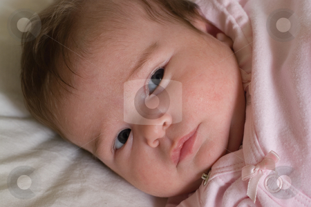 To use this stock image in your creative project, please select the size you need over to the right and click the "Add to Cart" button.
Your downloaded image will come with the Cutcaster watermark removed so don’t worry about the watermark you see on this page. Serious baby girl stock photo, One month baby with a serious expression looking in the distance by Yann Poirier