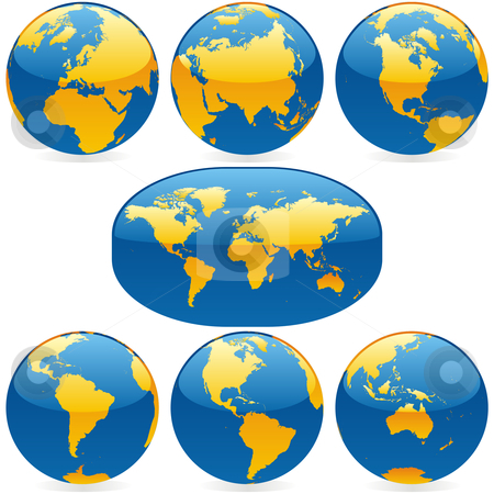 To use this stock image in your creative project, please select the size you need over to the right and click the "Add to Cart" button.
Your downloaded image will come with the Cutcaster watermark removed so don’t worry about the watermark you see on this page. Vector editable colored world map and globes stock vector clipart, Fully editable vector colored world map and globes by pilgrim.artworks