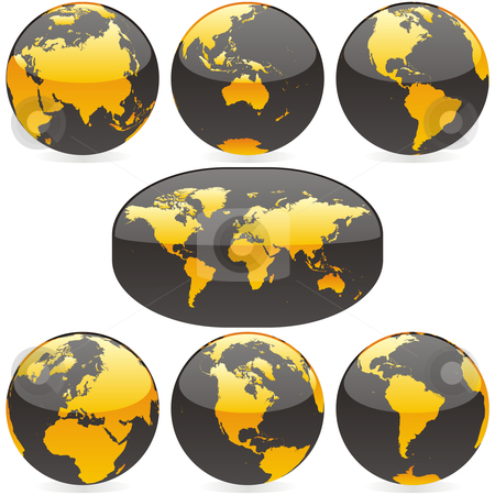 To use this stock image in your creative project, please select the size you need over to the right and click the "Add to Cart" button.
Your downloaded image will come with the Cutcaster watermark removed so don’t worry about the watermark you see on this page. Vector editable colored world map and globes stock vector clipart, Fully editable vector colored world map and globes by pilgrim.artworks