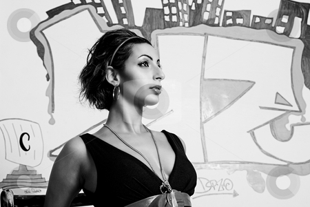 To use this stock image in your creative project, please select the size you need over to the right and click the "Add to Cart" button.
Your downloaded image will come with the Cutcaster watermark removed so don’t worry about the watermark you see on this page. Graffiti fashion model stock photo, Close up protrait of a twenty something libanese fashion model in front of hip hop inspired graffiti by Yann Poirier