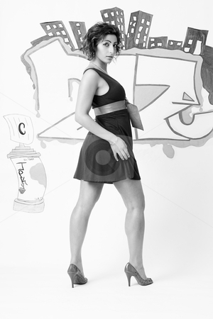 To use this stock image in your creative project, please select the size you need over to the right and click the "Add to Cart" button.
Your downloaded image will come with the Cutcaster watermark removed so don’t worry about the watermark you see on this page. Turning around stock photo, Young hip hop fashion diva in front of a graffiti looking over her shoulder by Yann Poirier