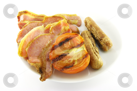 To use this stock image in your creative project, please select the size you need over to the right and click the "Add to Cart" button.
Your downloaded image will come with the Cutcaster watermark removed so don’t worry about the watermark you see on this page. Bacon, Sausage and Tomato stock photo, Slices of crispy pork bacon with half a grilled tomato and two thin pork sausages on a white round plate with a white background by Keith Wilson
