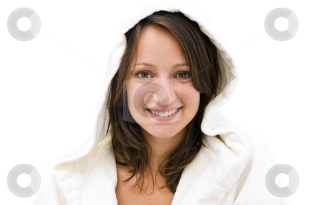 To use this stock image in your creative project, please select the size you need over to the right and click the "Add to Cart" button.
Your downloaded image will come with the Cutcaster watermark removed so don’t worry about the watermark you see on this page. Woman with hood stock photo, Young natural looking smiling brunette woman wearing a white bathrobe with hood on a bright background by Corepics VOF