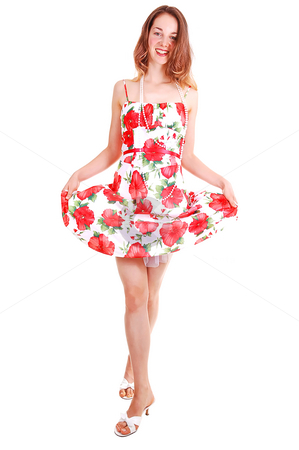 To use this stock image in your creative project, please select the size you need over to the right and click the "Add to Cart" button.
Your downloaded image will come with the Cutcaster watermark removed so don’t worry about the watermark you see on this page. Woman lifting up her dress. stock photo, Lovely young woman in high heels standing in the studio with long brown
hair and lifting up her colorful dress, shooing her nice legs. by Horst Petzold