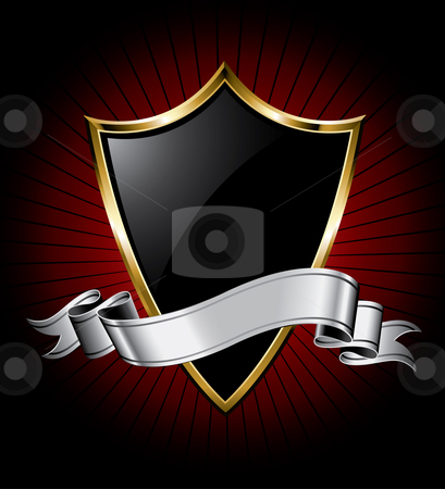 To use this stock image in your creative project, please select the size you need over to the right and click the "Add to Cart" button.
Your downloaded image will come with the Cutcaster watermark removed so don’t worry about the watermark you see on this page. Black Shield and Silver Ribbon stock vector clipart, Black shield with a golden frame and a silver ribbon for text by Thomas Amby Johansen